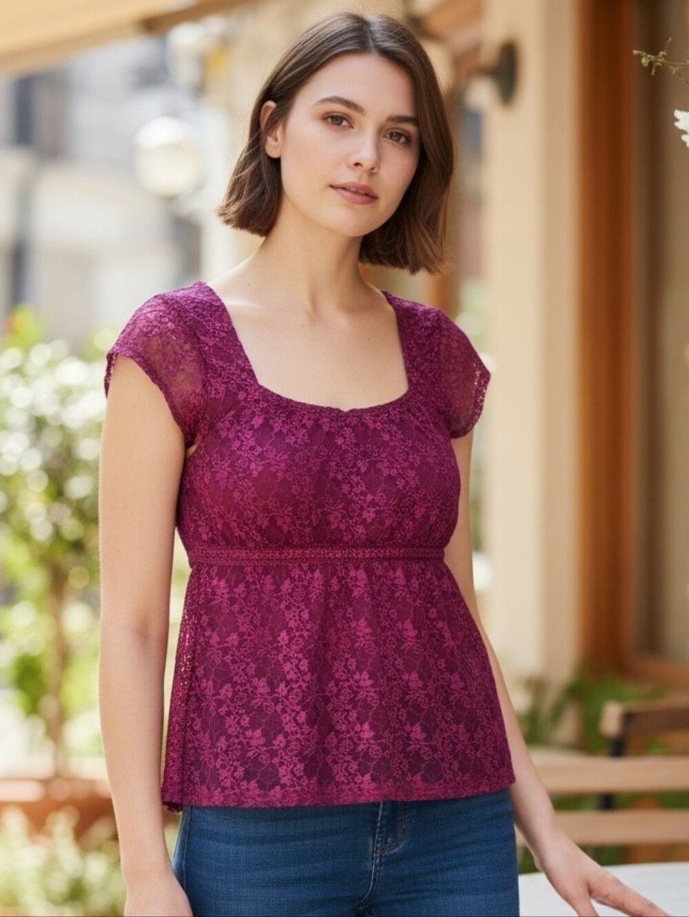 Fashion Bug Plum Lace Empire Peplum Top